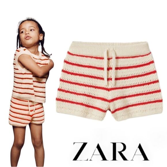 ZARA Kids | Ecru/Red | STRIPED KNIT SHORTS - Picture 1 of 5